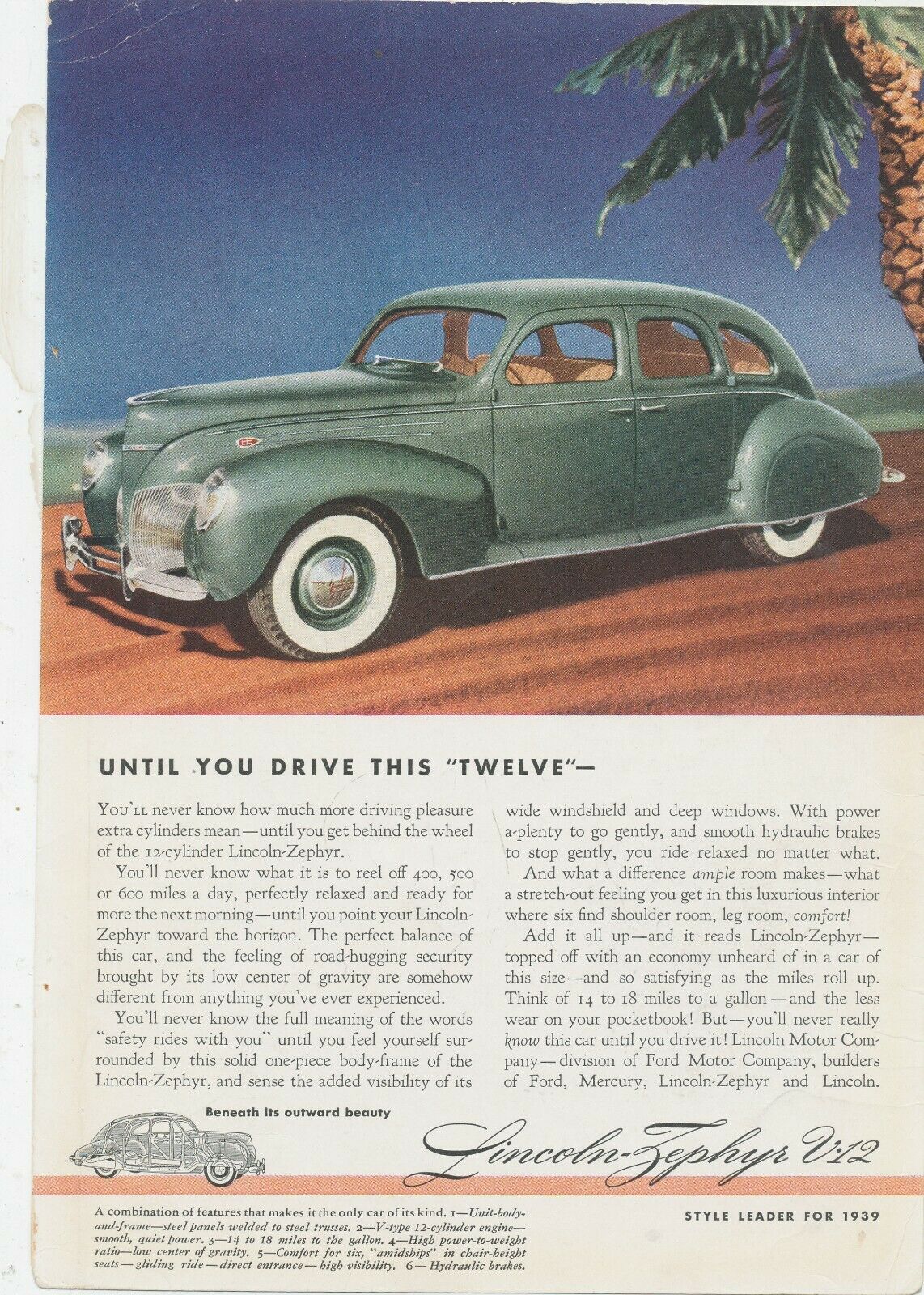 M1828 Vintage Print Ad  7x10  Classic  Automobile 1939 Lincoln Coca Cola Reverse