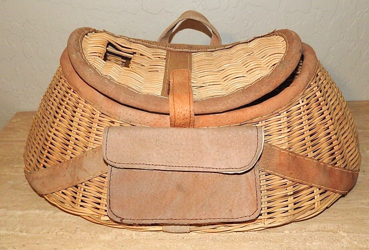 Vintage Wicker Creel Basket Leather Trim Front Pocket No Strap Fishing/display
