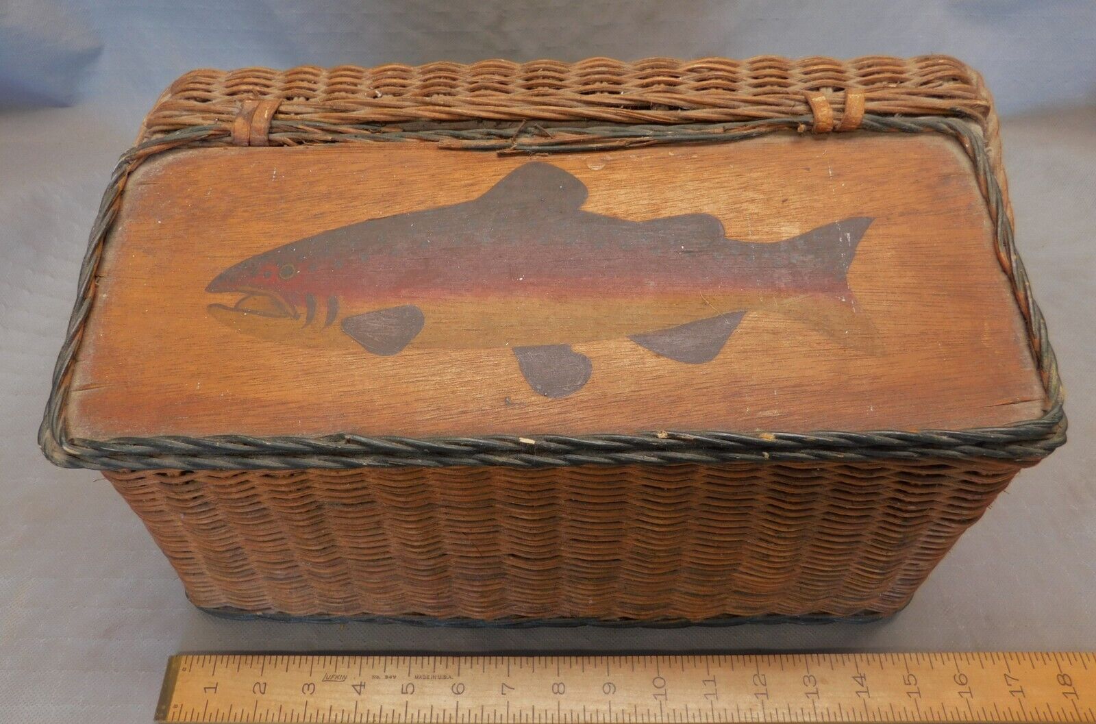 Wicker Fishing Creel  W/ Painted Rainbow Trout / Fish Lid  Antique Sport Fishing
