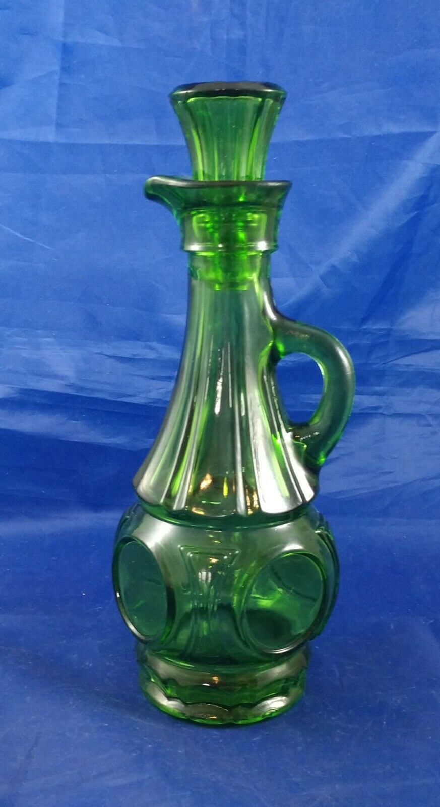 Vintage Emerald Green Glass Cruet, Oil / Vinegar 7" W/o Lid, 8" W/ Lid