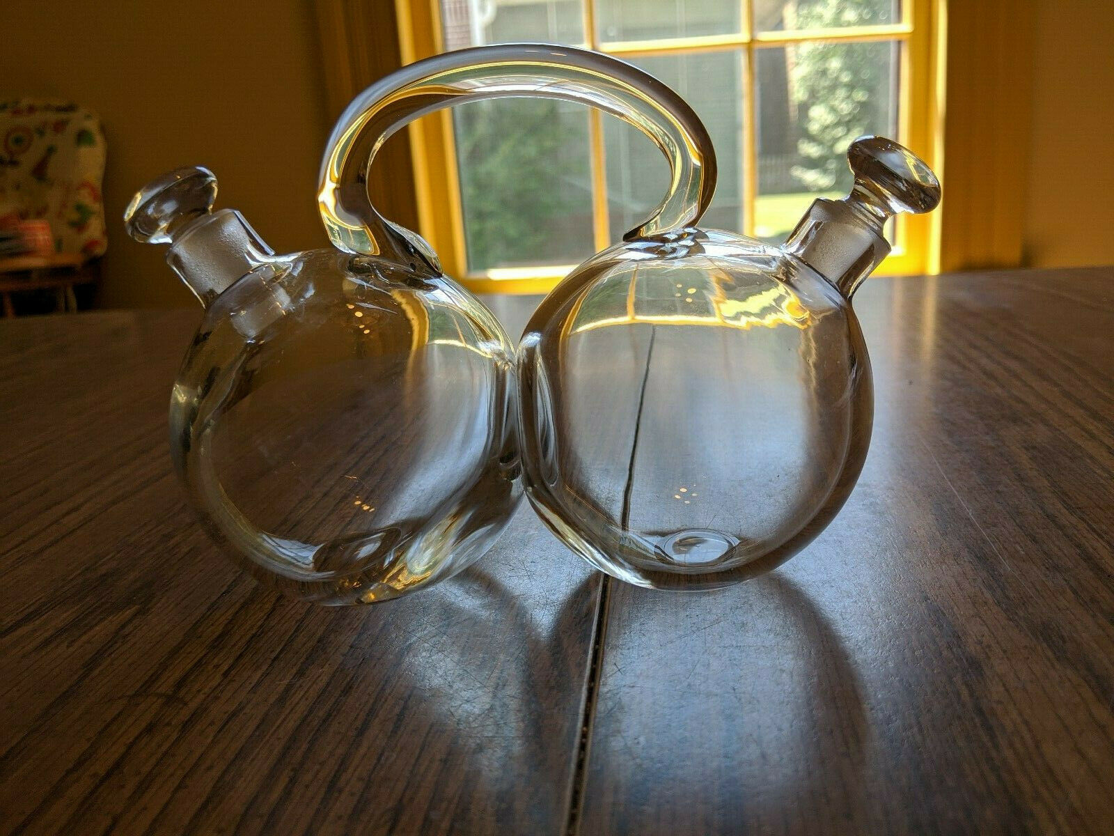 Vintage Clear Glass Double Oil & Vinegar Cruet W/stoppers