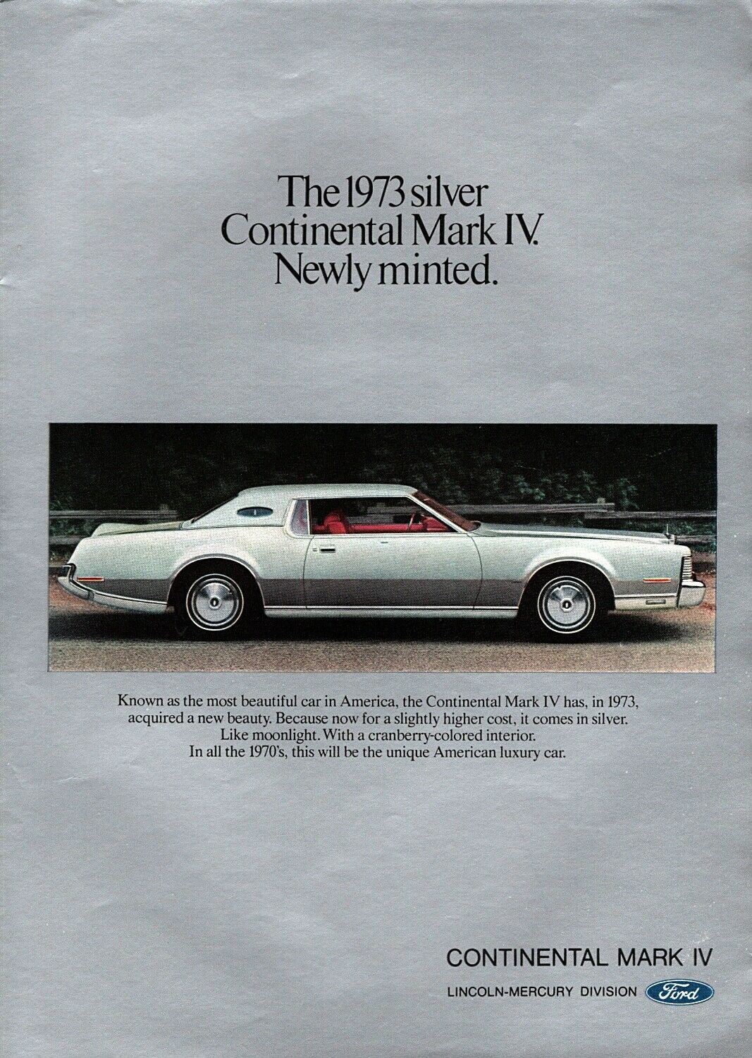 1973 Lincoln Continental Mark Iv Coupe "newly Minted" Original Color Ad