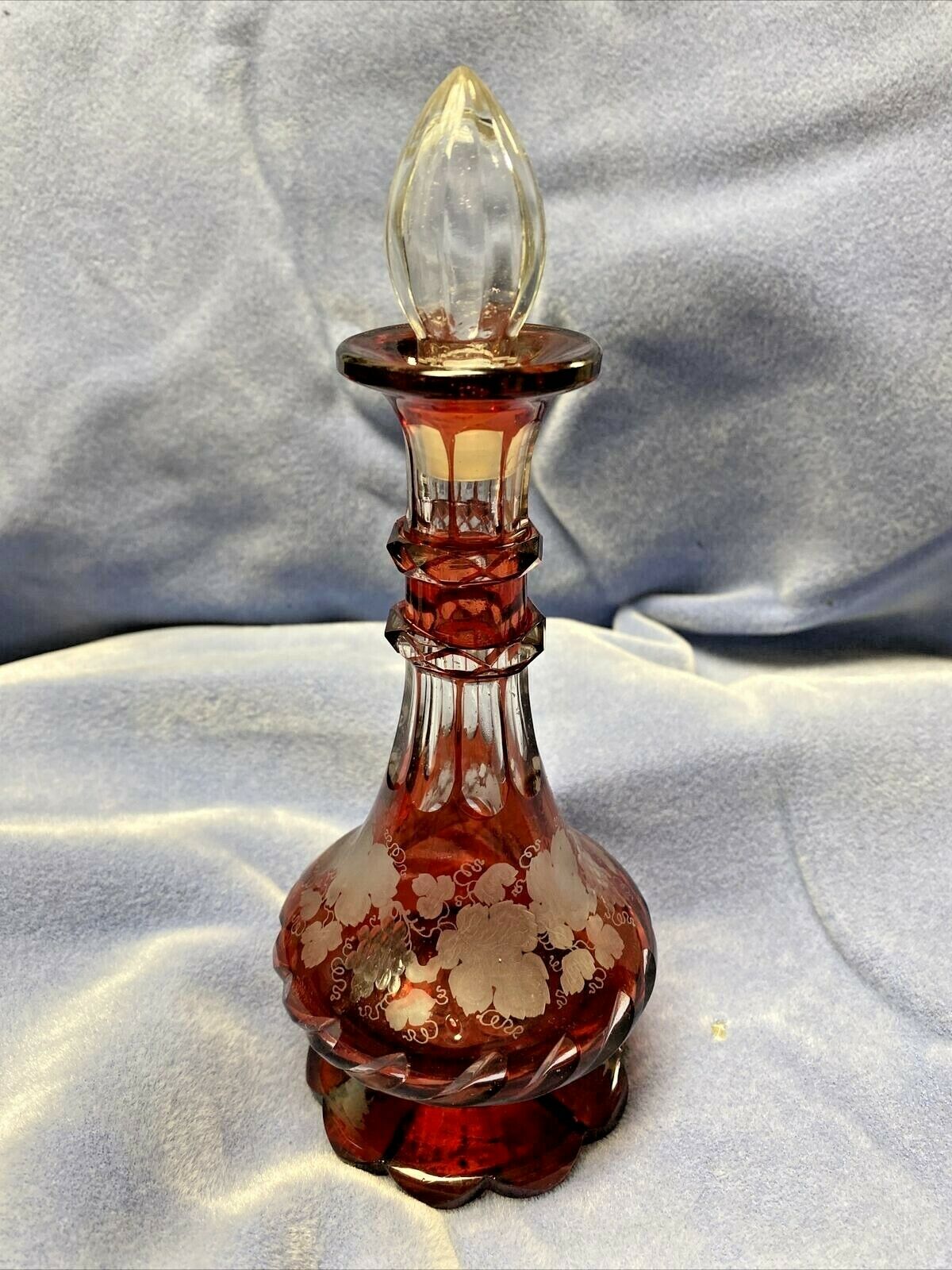 Footed Red Etched/cut Glass Cruet With Stopper Grape Vine Etching