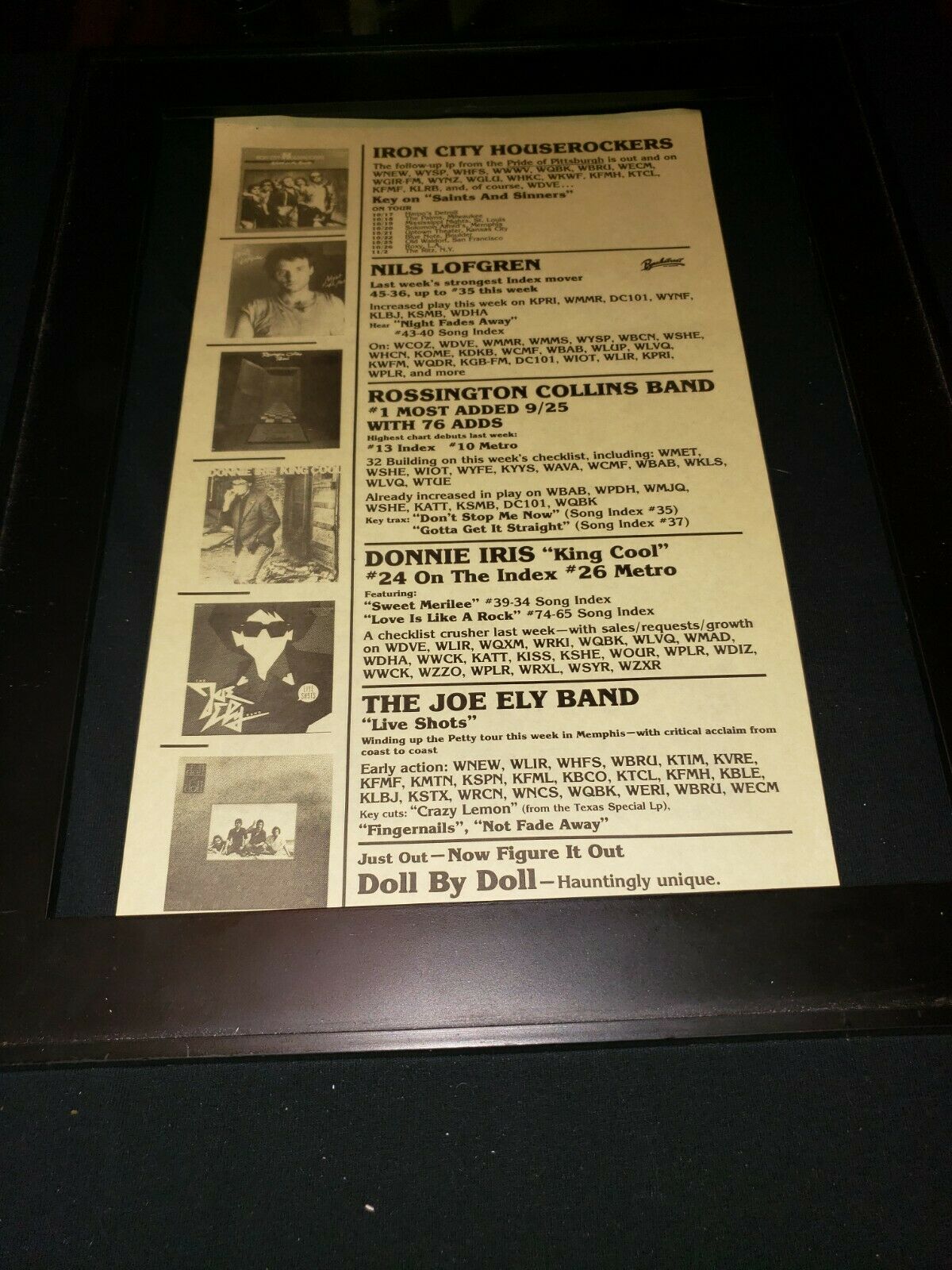 Donnie Iris/joe Ely Band/nils Lofgren Rare Original Radio Promo Poster Ad Framed